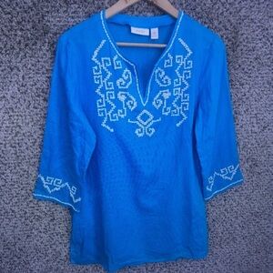 Bright Blue Embroidered V-Neck Women's Tunic
